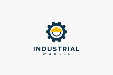 Industrial Worker Logo. Blue Circle Gear Icon with Yellow Worker Head Symbol inside isolated on White Background. Flat Vector Logo Design Template Elements for Business and Technology Logos.