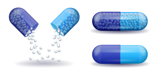 Blue full medical capsules pill capsule with filling vector