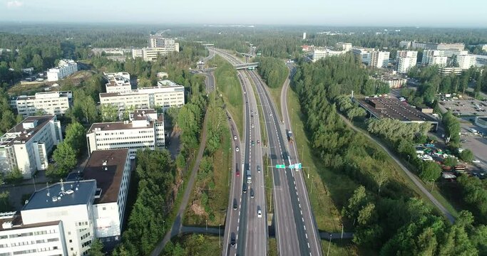 Aerial view of a busy highway in the city. Traffic on a motorway. Summer. Espoo, Finland.