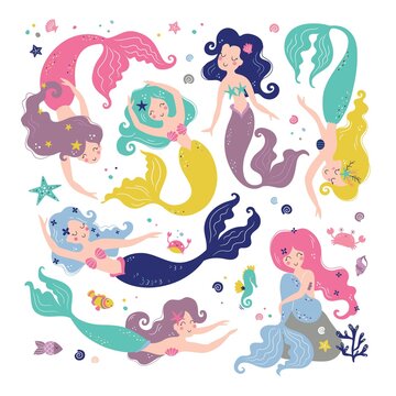 Mermaid vector set with cute characters isolated on white background Sea collection