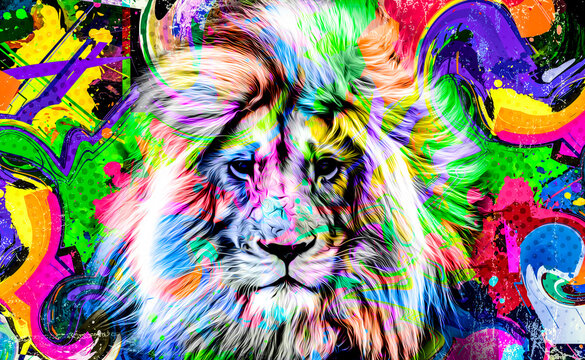 bright lion head in creative Rainbow