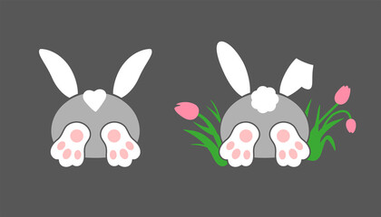 Drawn funny bunny, ears, paws and tail. Rabbit character. The hare is sticking out of the hole. The hare is hiding in tulip flowers.