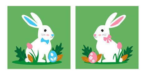 Easter bunny girl and boy. Rabbits are sitting on a lawn with tulips. Easter eggs. Vector rabbits baby.