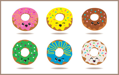 Fototapeta premium Illustration of sweet pastries. Multi-colored cupcakes with cute smiles. Emotions in kawaii style. Ideal for stickers in the planner or website design