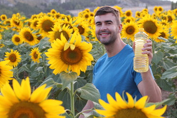 Farmer producing bio sunflower oil