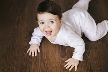 Little baby boy crawling on wooden floor and smiling, showing tongue with copy space