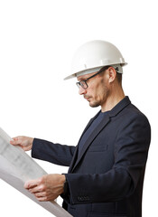 Portrait of an engineer in a white construction helmet with a paper drawing in hands. Isolated on white.