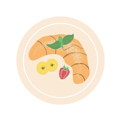 Top view of a croissant sprinkled with powdered sugar. Fresh pastries on a plate with fruit and mint. Breakfast symbol. Bakery products. Vector illustration in flat style on white isolated background.