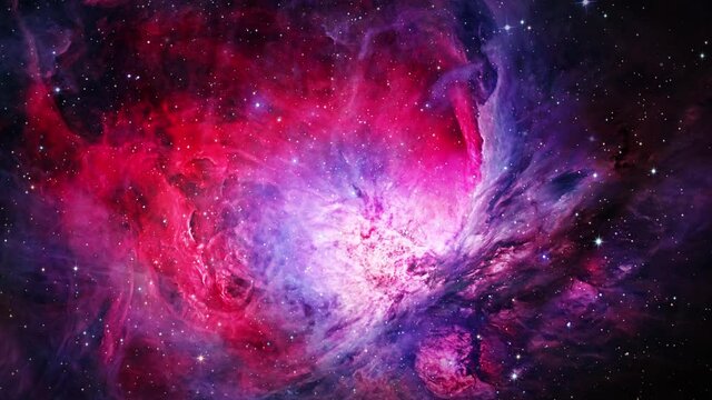 4K 3D Space exploration to the Orion nebula. Flight Through Space diffuse nebula and clusters of stars in the Milky Way galaxy. It is one of the brightest nebulae. Elements furnished by NASA images.