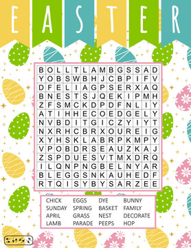 Easter word search puzzle. Printable educational game for kids. Funny holiday crossword. Festive colorful worksheet for learning English words. Vector illustration