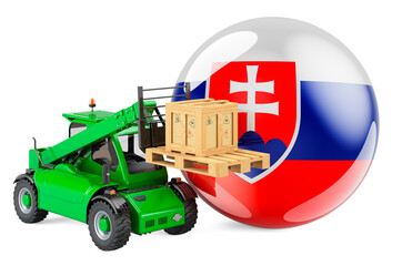 Slovak flag with telescopic handler truck and parcel. Cargo shipping in Slovakia concept, 3D rendering