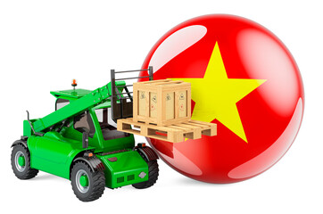 Vietnamese flag with telescopic handler truck and parcel. Cargo shipping in Vietnam concept, 3D rendering