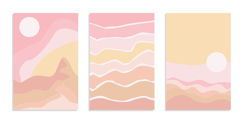 Desert abstract boho landscape with sun and moon in pink color. Abstract vector contemporary aesthetic background in Earth tones. Set of posters.