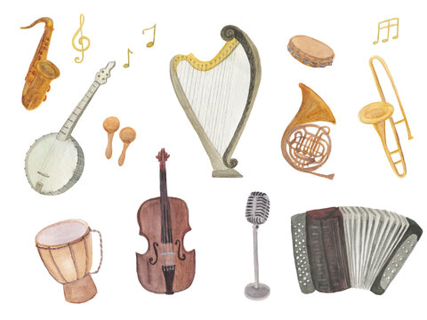 Watercolor painting set musical instruments: banjo, harp, accordion, violin, microphone, drum, horn, saxophone