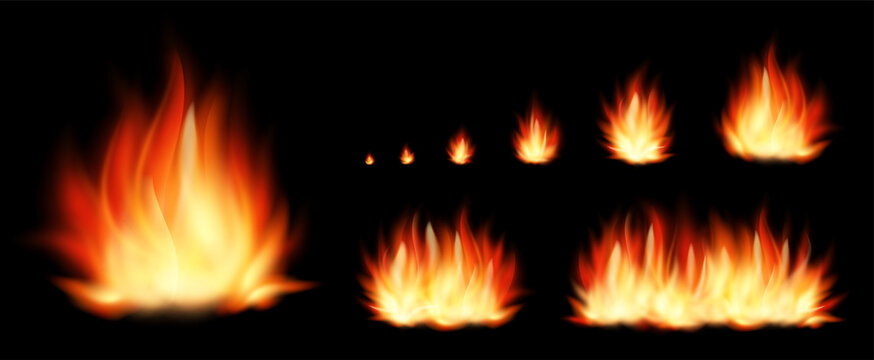 Set of realistic fire elements from the smallest fire to a huge bonfire isolated on black background. Vector set flame and bonfire.
