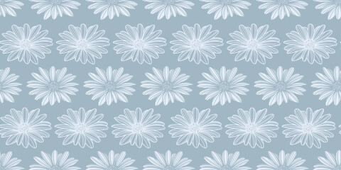 Daisy flower vector pattern background. Blue grey wallpaper.