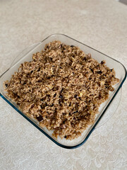 Pilaf Rice with Eggplant or Aubergine Pilav in Glass bowl. Ready to Eat.