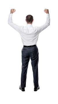 businessman with arms raised in victory.