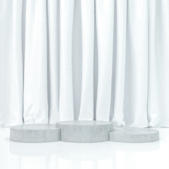 white curtain and 3-station podium in concrete.