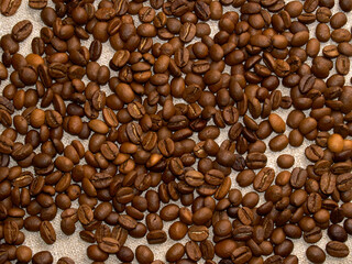 Roasted coffee beans scattered on a burlap napkin.coffee background