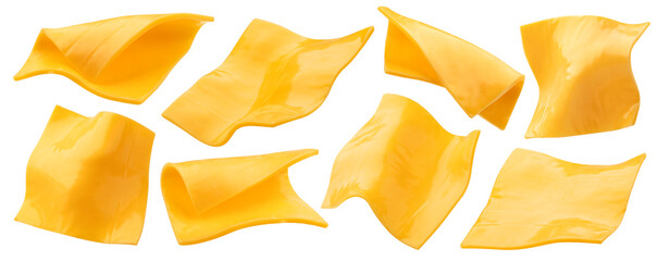 Slices of processed cheese isolated on white background - obrazy, fototapety, plakaty