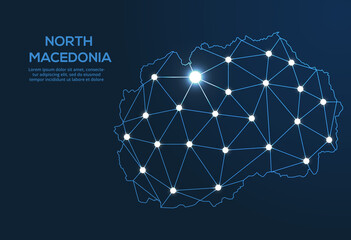 North Macedonia communication network map. Vector low poly image of a global map with lights in the form of cities. Map in the form of a constellation, mute and stars