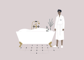 A young male Black character wearing a hotel bathrobe, a cozy bathroom interior with a claw foot vintage tub