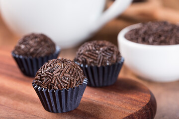Brigadeiro, traditional Brazilian sweet. Chocolate candy.