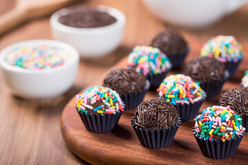 Brigadeiro, traditional Brazilian sweet. Chocolate candy.