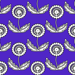 dandelions. seamless black and white floral pattern on purple background.
