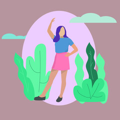 Teen girl is doing morning fitness exercising at park. Flat modern cartoon illustration.

