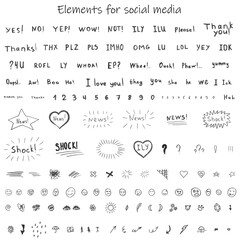 Hand drawn doodle images for social media. Creative words, letters, slang, cute funny elements. Emotions. Gray.
