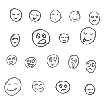 Smiles, faces. Hand drawn doodle images for social media. Creative words, letters, slang, cute funny elements. Emotions. Gray.