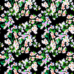 Floral pattern of spring blossoming apple tree  branches on black background.Bright colors floristic backdrop.