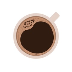 Cup of coffee with foam top view. Hot Americano or Espresso. Black coffee. Hot drink. Vector illustration on white isolated background.