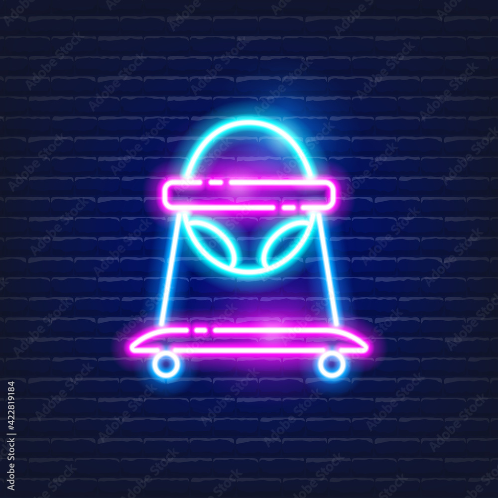 Wall mural Baby walkers neon icon. Glowing Vector illustration of child signs for design. Children food concept.