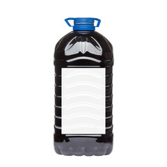 Dark liquid in a large plastic transparent bottle with blue cap and carrying handle