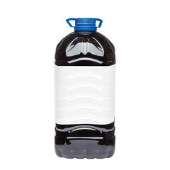 Dark liquid in a large plastic transparent bottle with blue cap and carrying handle