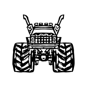 Monster truck icon. Black contour ink silhouette. Front view. Vector simple flat graphic hand drawn illustration. The isolated object on a white background. Isolate.