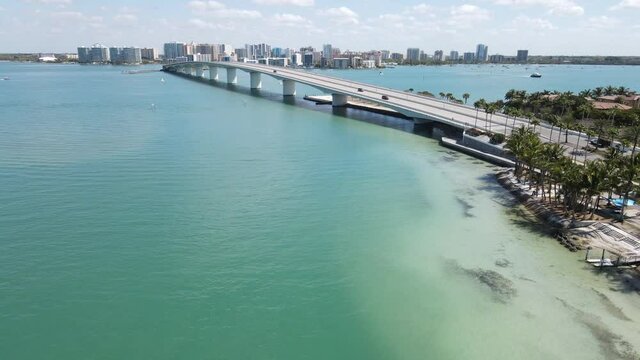 grand aerial view of Sarasota flying over the John Ringling Causeway, from Ringling Causeway Park in Sarasota, Florida, USA