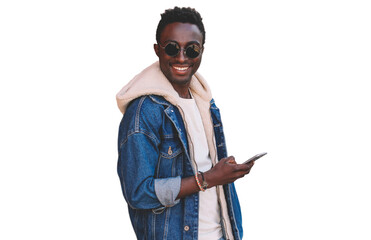 Portrait of smiling young african man with smartphone isolated on a white background