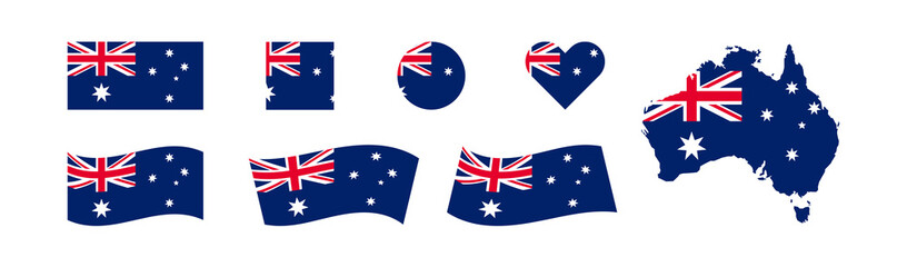 Australia set of flags and map. Country isolated icon. Vector for banner design.