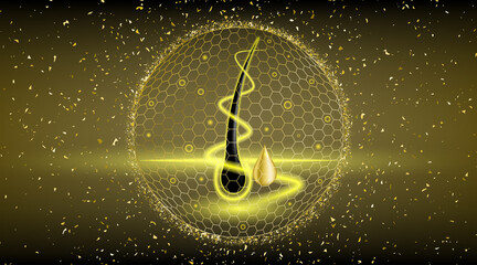 Hair care medical treatment with gold glitter. Drop golden serum for hair protection and repairing.