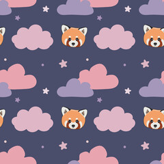 Seamless childish pattern with cute red panda, clouds, stars. Baby texture for fabric, wrapping, textile, wallpaper, clothing. Vector illustration