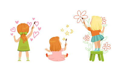 Cheerful Girl Drawing Flowers and Stars with Paint Brush on the Wall Vector Set