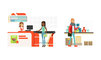 People Characters in Shopping Mall or Hypermarket Standing Near Counter Buying Products Vector Illustration Set