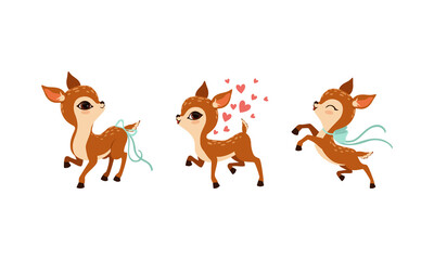 Obraz na płótnie Canvas Cute Fawn with Ribbon on Its Tail and Neck Jumping and Running Vector Set