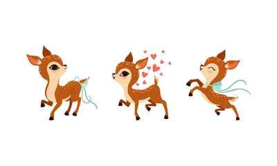 Fototapete Affe Cute Fawn with Ribbon on Its Tail and Neck Jumping and Running Vector Set