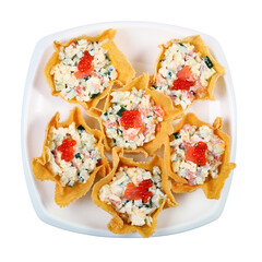 salad in cheese baskets top view