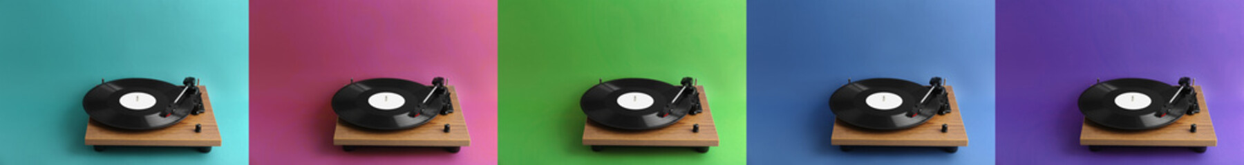 Collage of turntables with vinyl records on different color backgrounds. Banner design
